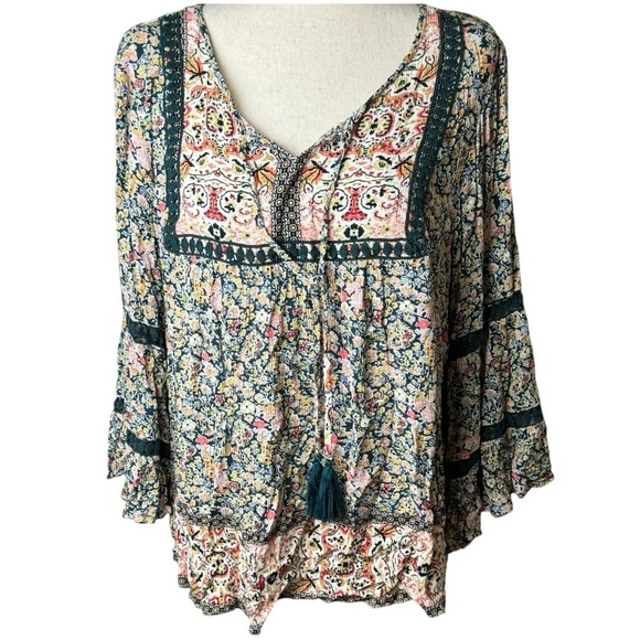One World women’s boho gauzy embroidery  trimmed bell sleeves peasant size XL - Picture 1 of 8